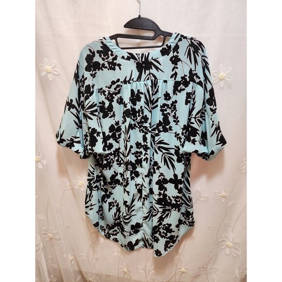 WORTHINGTON WOMENS XL BABY BLUE FLORAL LEAF BLOUSE SHEER V NECK TROPICAL POPOVER - Picture 10 of 12
